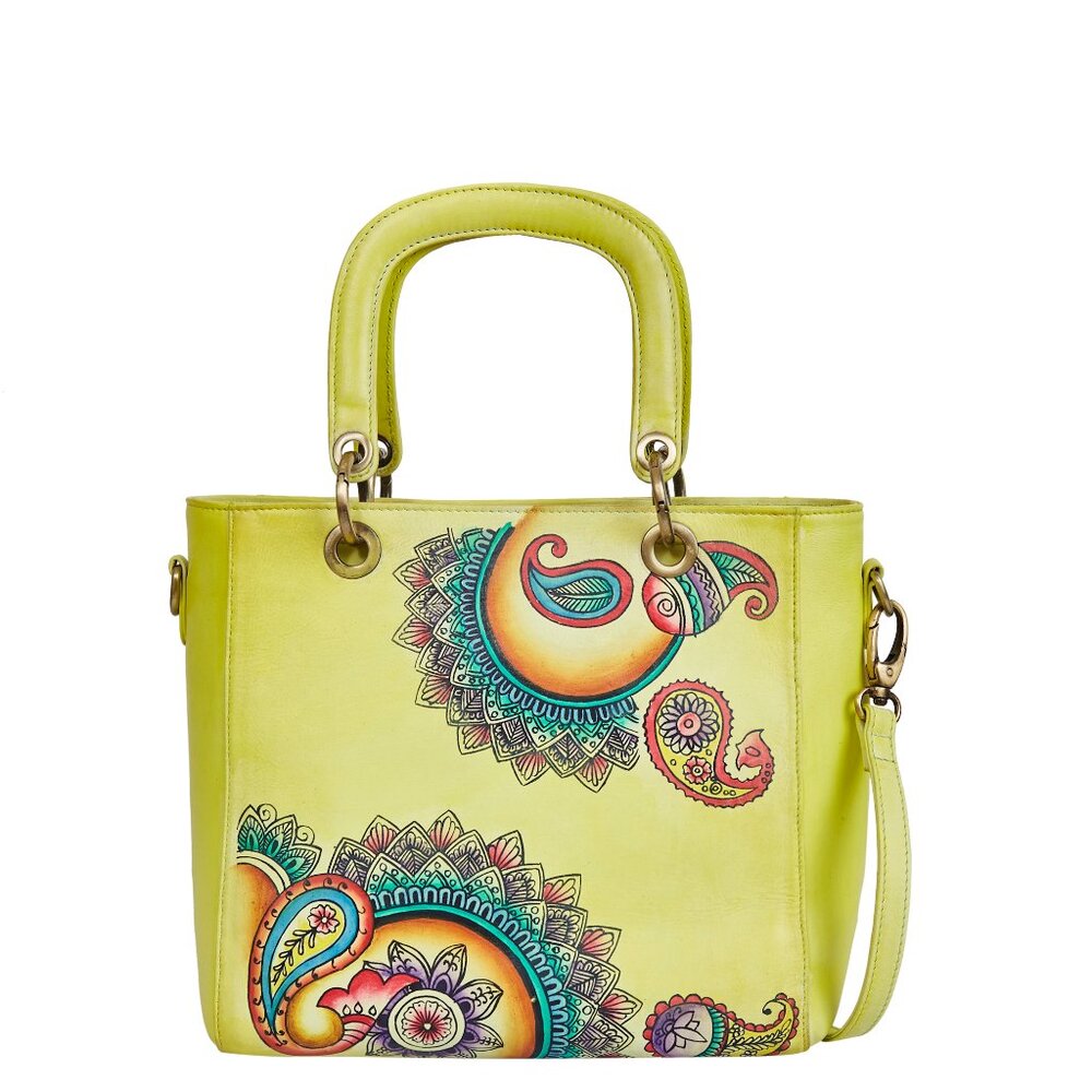 Yellow Top Handle Handbag for Ladies, Hand painted Leather Crossbody Bag, Purse